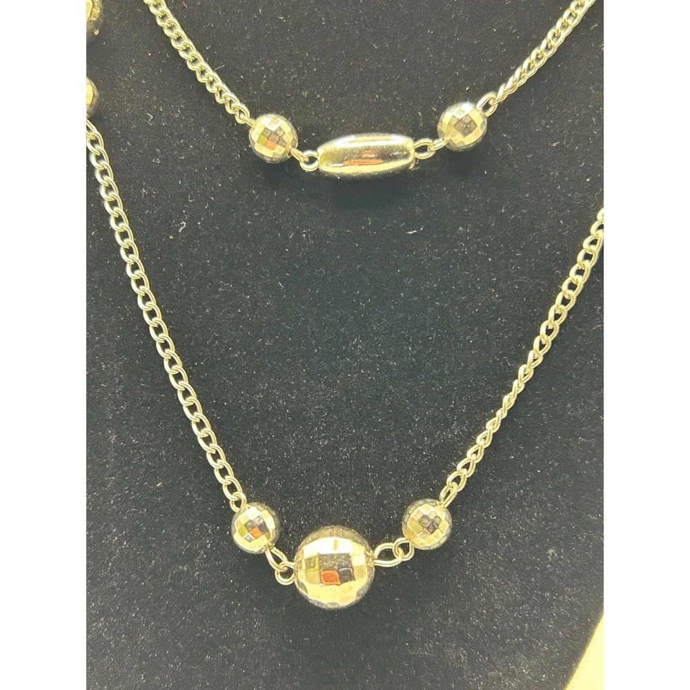 Silver Tone‎ Double Strand Layered Necklace Faceted Disco Ball Bead Curb Chain